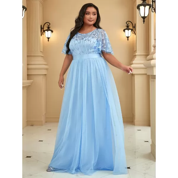 EverPretty Plus Womens Plus Size Round Neck ALine Tulle Sequin Formal Dress Evening Dress 0904DA2Sky Blue