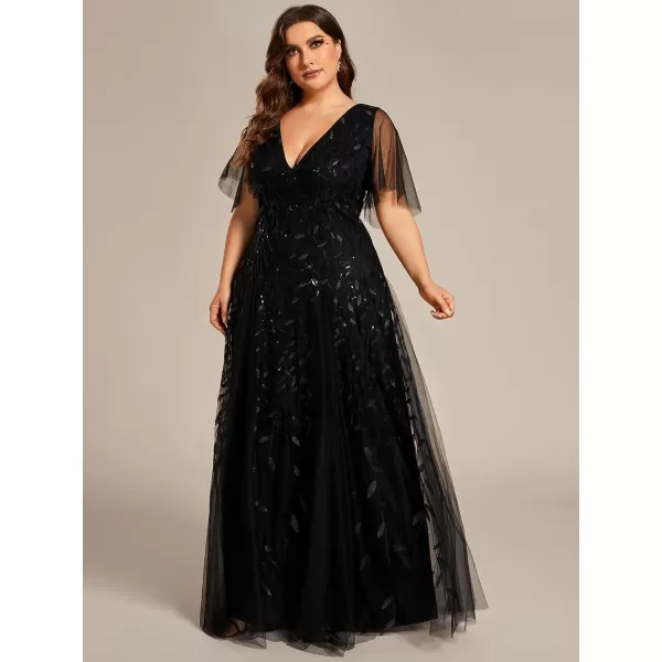 EverPretty Plus Womens Plus Size V Neck A Line Sequin Tulle Formal Dress 0734DABlack