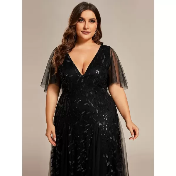 EverPretty Plus Womens Plus Size V Neck A Line Sequin Tulle Formal Dress 0734DABlack