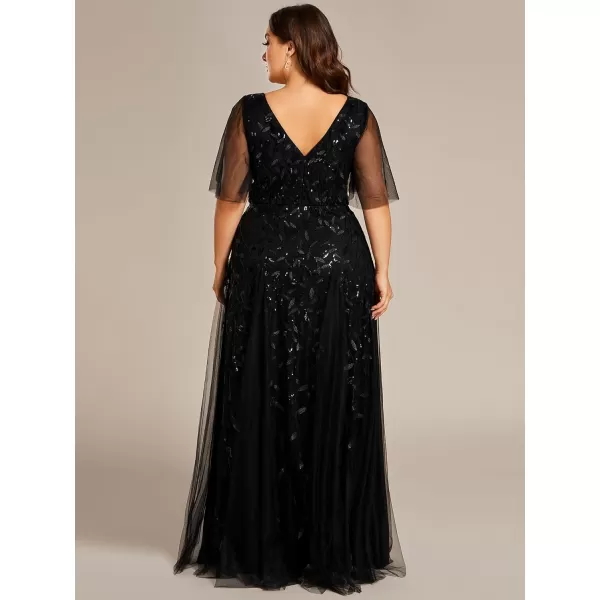 EverPretty Plus Womens Plus Size V Neck A Line Sequin Tulle Formal Dress 0734DABlack