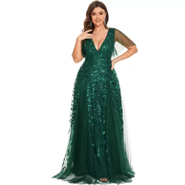 EverPretty Plus Womens Plus Size V Neck A Line Sequin Tulle Formal Dress 0734DADark Green