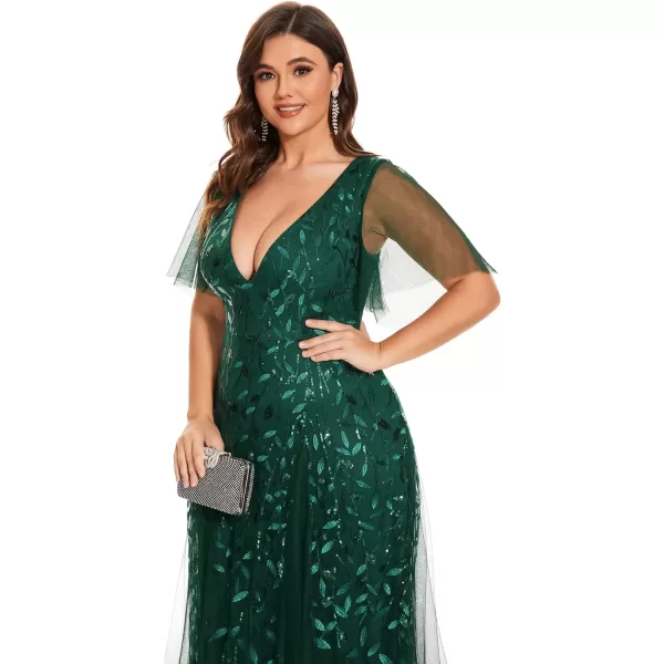 EverPretty Plus Womens Plus Size V Neck A Line Sequin Tulle Formal Dress 0734DADark Green