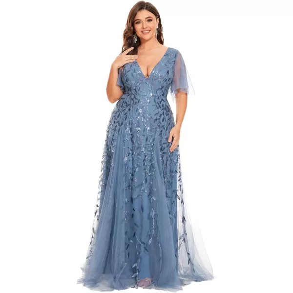 EverPretty Plus Womens Plus Size V Neck A Line Sequin Tulle Formal Dress 0734DAHaze Blue