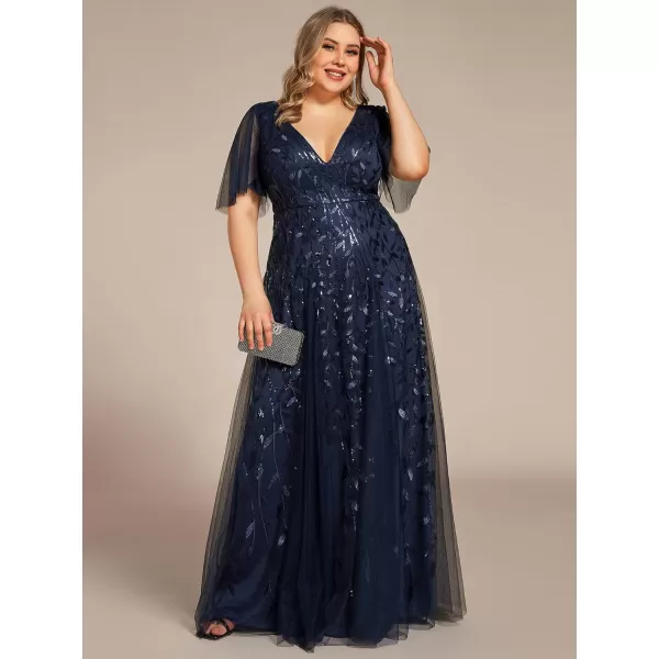 EverPretty Plus Womens Plus Size V Neck A Line Sequin Tulle Formal Dress 0734DANavy Blue