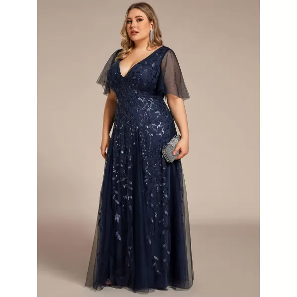 EverPretty Plus Womens Plus Size V Neck A Line Sequin Tulle Formal Dress 0734DANavy Blue