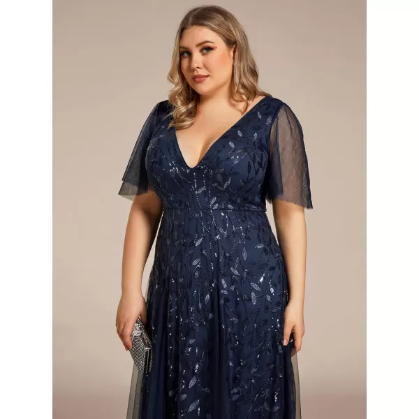 EverPretty Plus Womens Plus Size V Neck A Line Sequin Tulle Formal Dress 0734DANavy Blue