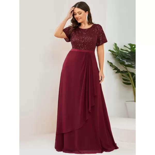 EverPretty Plus Womens Round Neck Short Sleeves Sequin Top ALine Maxi Chiffon Plus Size Formal Dress 01495PZBurgundy