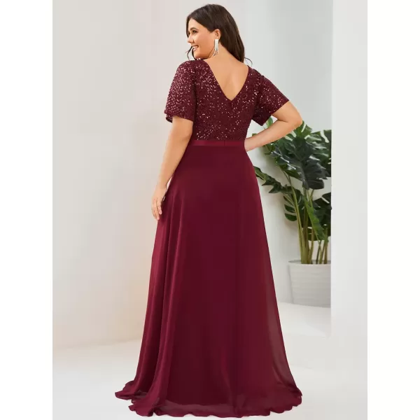 EverPretty Plus Womens Round Neck Short Sleeves Sequin Top ALine Maxi Chiffon Plus Size Formal Dress 01495PZBurgundy