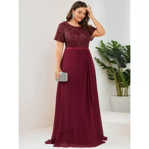 EverPretty Plus Womens Round Neck Short Sleeves Sequin Top ALine Maxi Chiffon Plus Size Formal Dress 01495PZBurgundy