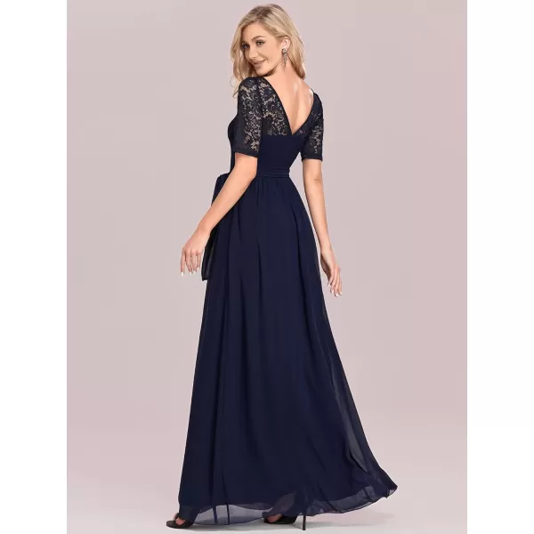 EverPretty Women Lace Illusion Short Sleeve Chiffon Wedding Party Dress 07624Navy Blue