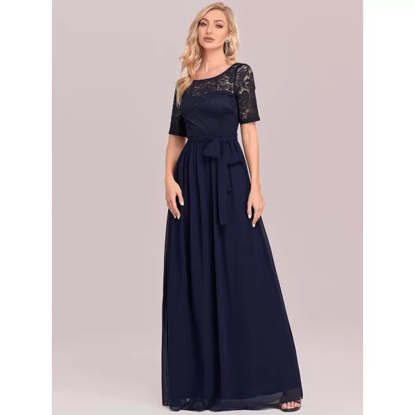 EverPretty Women Lace Illusion Short Sleeve Chiffon Wedding Party Dress 07624Navy Blue