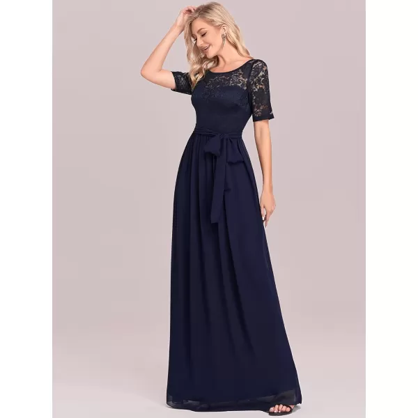 EverPretty Women Lace Illusion Short Sleeve Chiffon Wedding Party Dress 07624Navy Blue