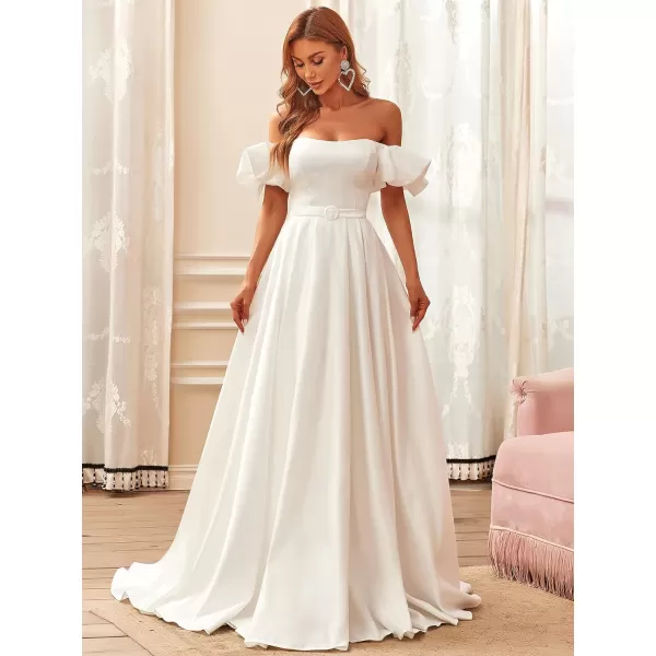 EverPretty Women Off The Shoulder Short Sleeve A Line Dress with Belt Wedding Dress 90360White