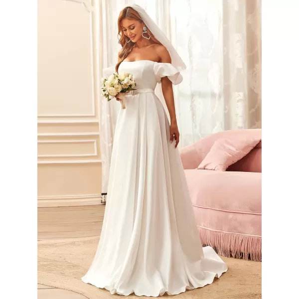 EverPretty Women Off The Shoulder Short Sleeve A Line Dress with Belt Wedding Dress 90360White