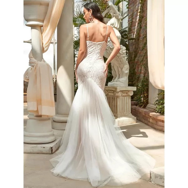 EverPretty Women Spaghetti Straps Long Lace Applique Bodycon Side Slit Mermaid Wedding Dress 90355White