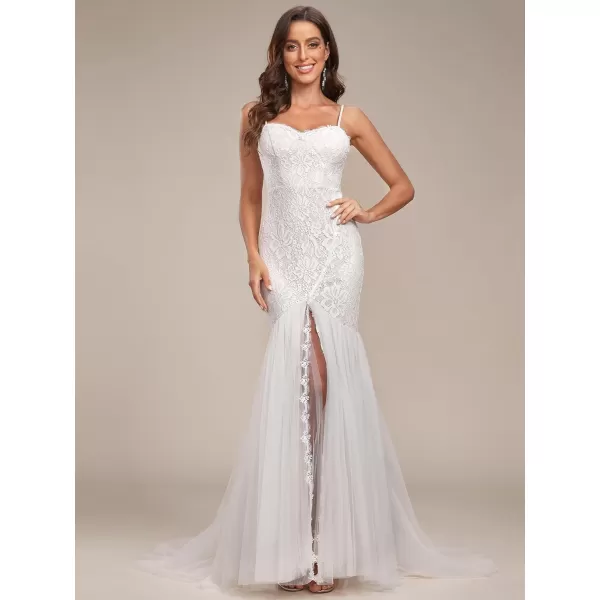 EverPretty Women Spaghetti Straps Long Lace Applique Bodycon Side Slit Mermaid Wedding Dress 90355White