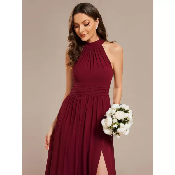 EverPretty Womens A Line Bowknot Halter Pleated Split Maxi Formal Dresses 02014Burgundy