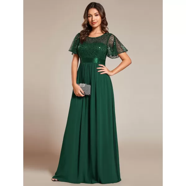 EverPretty Womens A Line Crew Neck Short Sleeve Sequin Floor Length Semi Formal Dress 02126Dark Green