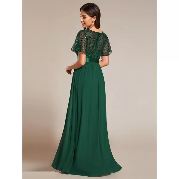 EverPretty Womens A Line Crew Neck Short Sleeve Sequin Floor Length Semi Formal Dress 02126Dark Green