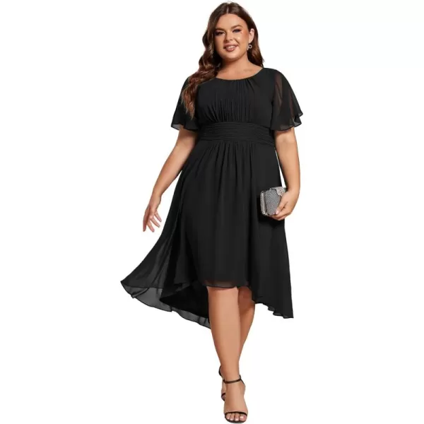 EverPretty Womens A Line Curvy Crew Neck Short Sleeves Pleated Plus Size High Low Wedding Guest Dresses 02053DABlack