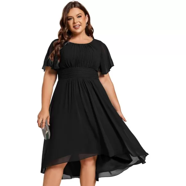 EverPretty Womens A Line Curvy Crew Neck Short Sleeves Pleated Plus Size High Low Wedding Guest Dresses 02053DABlack