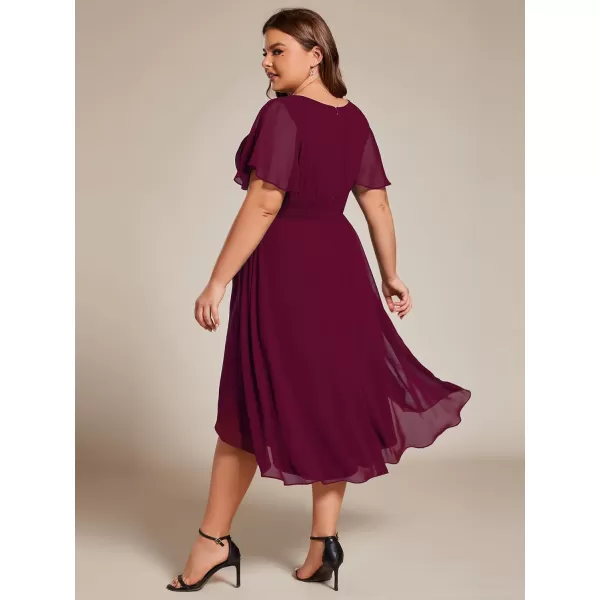 EverPretty Womens A Line Curvy Crew Neck Short Sleeves Pleated Plus Size High Low Wedding Guest Dresses 02053DABurgundy