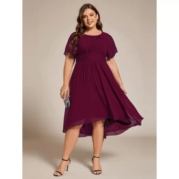 EverPretty Womens A Line Curvy Crew Neck Short Sleeves Pleated Plus Size High Low Wedding Guest Dresses 02053DABurgundy