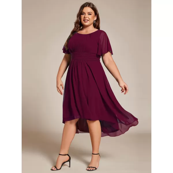 EverPretty Womens A Line Curvy Crew Neck Short Sleeves Pleated Plus Size High Low Wedding Guest Dresses 02053DABurgundy