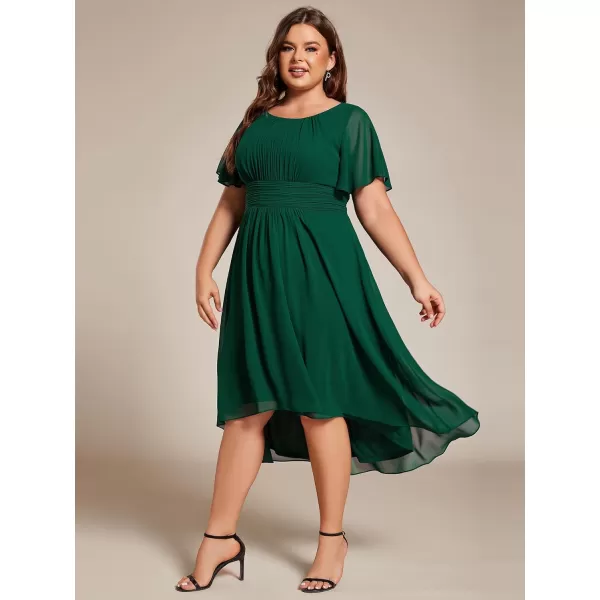 EverPretty Womens A Line Curvy Crew Neck Short Sleeves Pleated Plus Size High Low Wedding Guest Dresses 02053DADark Green