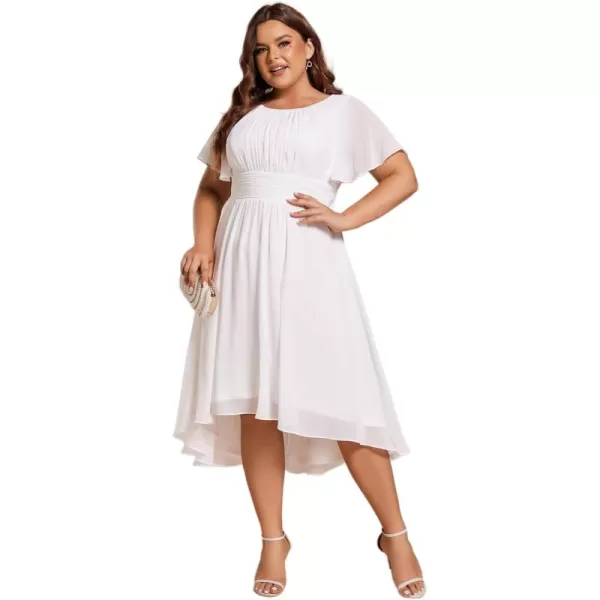 EverPretty Womens A Line Curvy Crew Neck Short Sleeves Pleated Plus Size High Low Wedding Guest Dresses 02053DAWhite