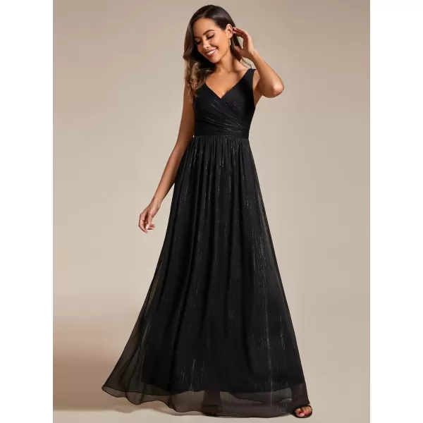 EverPretty Womens A Line Glitter Sleeveless Pleated V Neck Maxi Formal Dress 02096Black