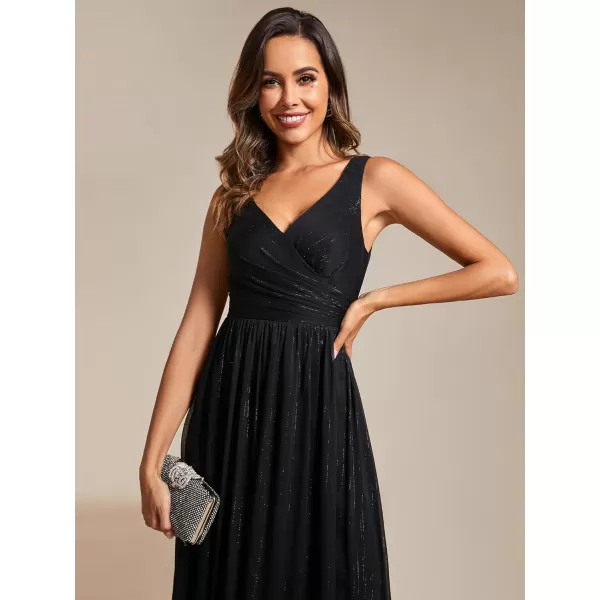 EverPretty Womens A Line Glitter Sleeveless Pleated V Neck Maxi Formal Dress 02096Black