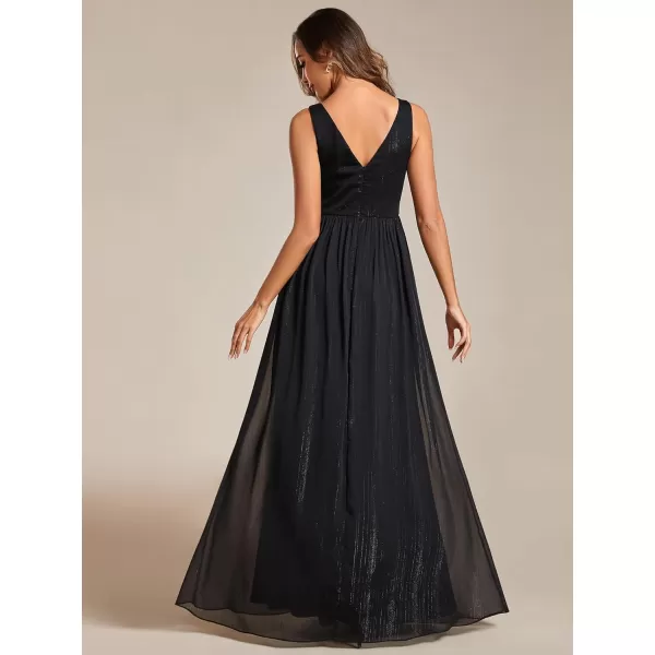 EverPretty Womens A Line Glitter Sleeveless Pleated V Neck Maxi Formal Dress 02096Black