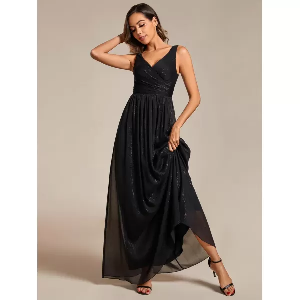 EverPretty Womens A Line Glitter Sleeveless Pleated V Neck Maxi Formal Dress 02096Black