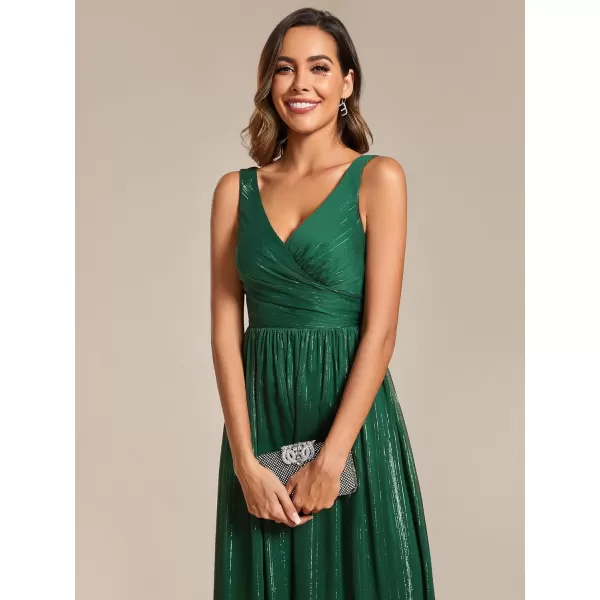 EverPretty Womens A Line Glitter Sleeveless Pleated V Neck Maxi Formal Dress 02096Dark Green