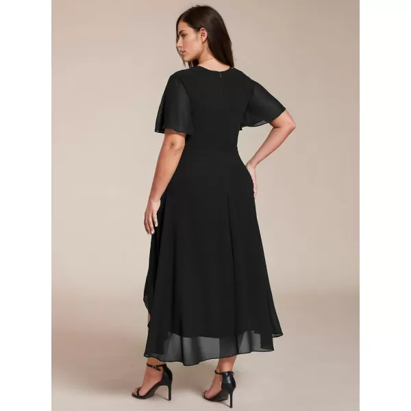 EverPretty Womens A Line Pleated V Neck Midi Plus Size Wedding Guest Dress with Long Sleeves 01926DAAblack