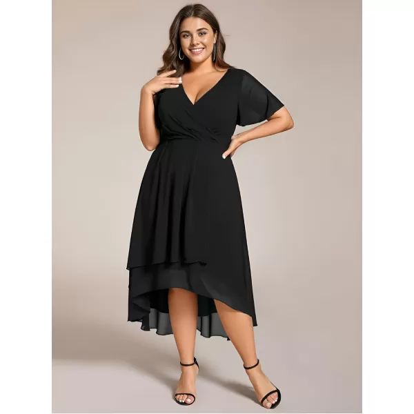 EverPretty Womens A Line Pleated V Neck Midi Plus Size Wedding Guest Dress with Long Sleeves 01926DAAblack