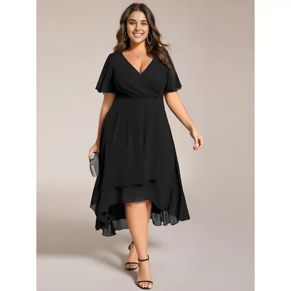 EverPretty Womens A Line Pleated V Neck Midi Plus Size Wedding Guest Dress with Long Sleeves 01926DAAblack