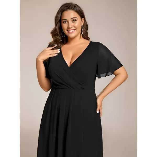 EverPretty Womens A Line Pleated V Neck Midi Plus Size Wedding Guest Dress with Long Sleeves 01926DAAblack