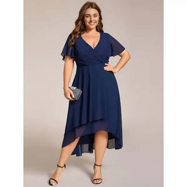 EverPretty Womens A Line Pleated V Neck Midi Plus Size Wedding Guest Dress with Long Sleeves 01926DAAnavy Blue