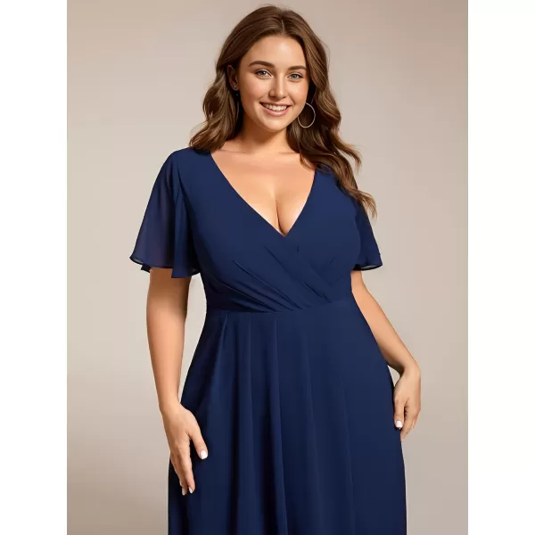 EverPretty Womens A Line Pleated V Neck Midi Plus Size Wedding Guest Dress with Long Sleeves 01926DAAnavy Blue