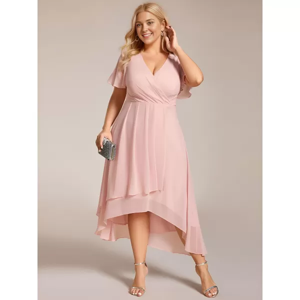 EverPretty Womens A Line Pleated V Neck Midi Plus Size Wedding Guest Dress with Long Sleeves 01926DAApink