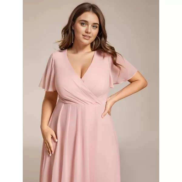 EverPretty Womens A Line Pleated V Neck Midi Plus Size Wedding Guest Dress with Long Sleeves 01926DAApink