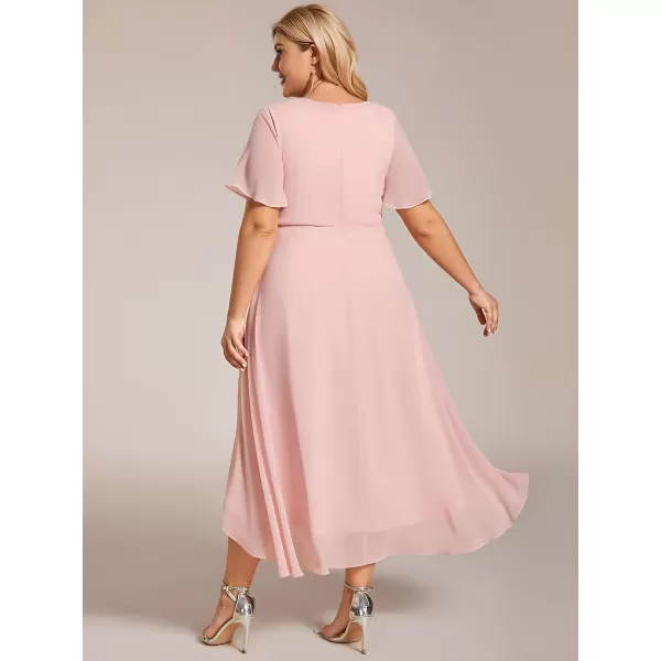 EverPretty Womens A Line Pleated V Neck Midi Plus Size Wedding Guest Dress with Long Sleeves 01926DAApink