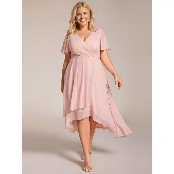 EverPretty Womens A Line Pleated V Neck Midi Plus Size Wedding Guest Dress with Long Sleeves 01926DAApink