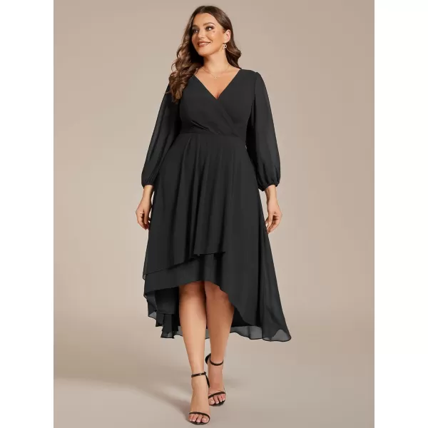 EverPretty Womens A Line Pleated V Neck Midi Plus Size Wedding Guest Dress with Long Sleeves 01926DABlack