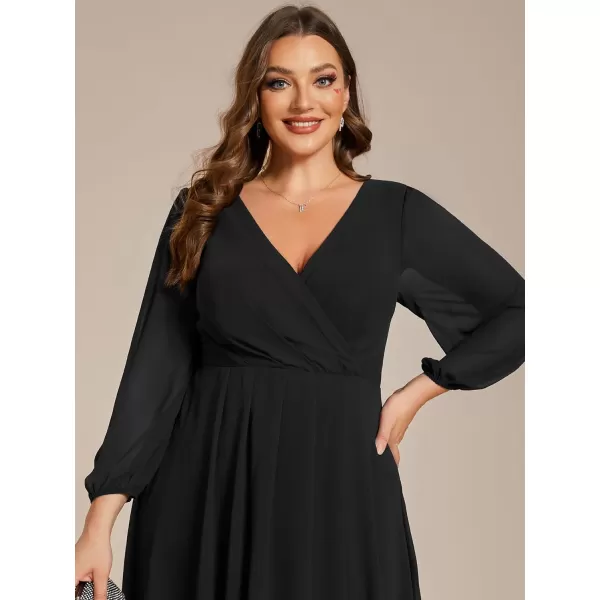 EverPretty Womens A Line Pleated V Neck Midi Plus Size Wedding Guest Dress with Long Sleeves 01926DABlack