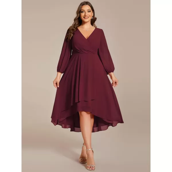 EverPretty Womens A Line Pleated V Neck Midi Plus Size Wedding Guest Dress with Long Sleeves 01926DABurgundy