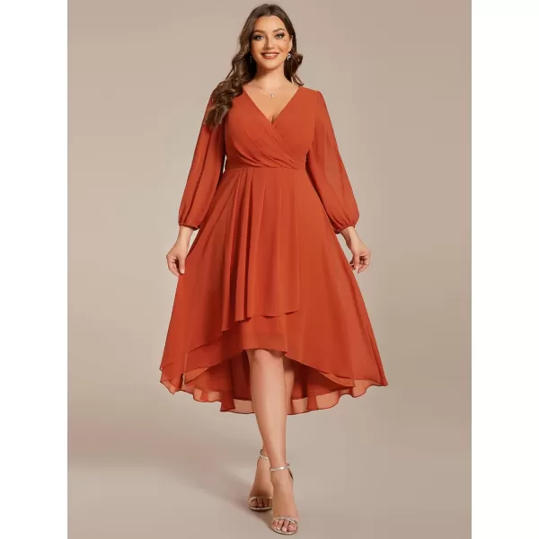 EverPretty Womens A Line Pleated V Neck Midi Plus Size Wedding Guest Dress with Long Sleeves 01926DABurnt Orange