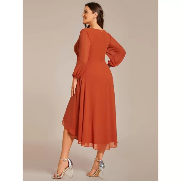 EverPretty Womens A Line Pleated V Neck Midi Plus Size Wedding Guest Dress with Long Sleeves 01926DABurnt Orange